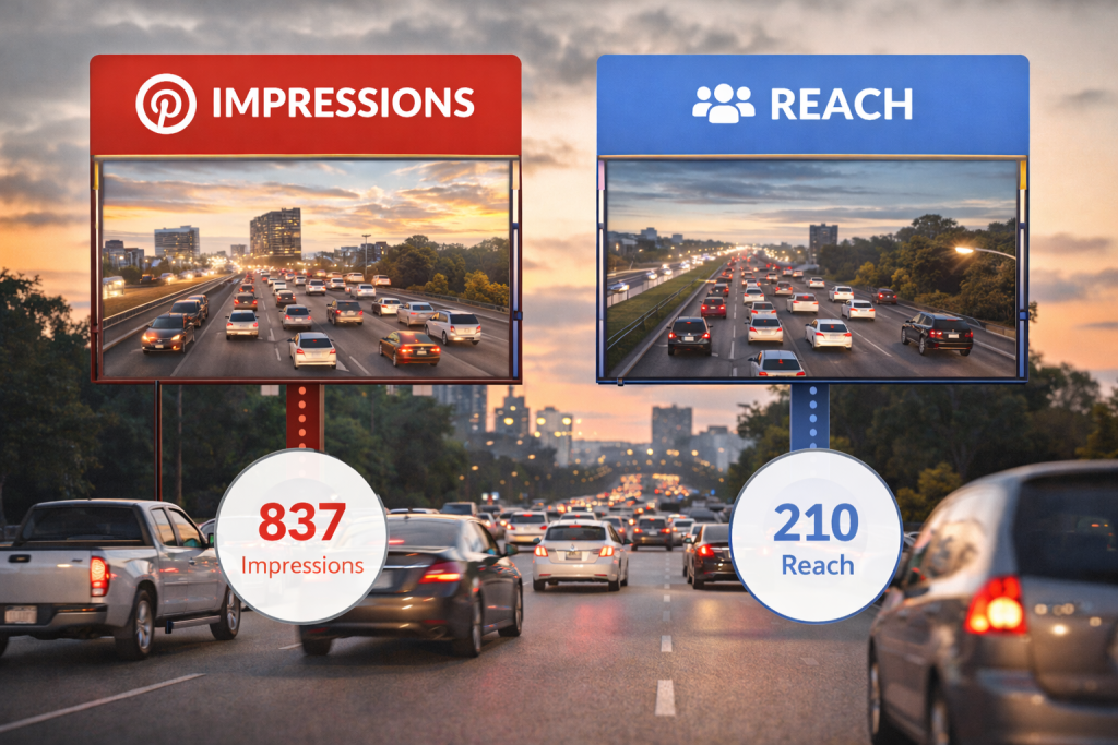 A digital highway scene at sunset shows two billboards side by side—one labeled "Impressions" with many cars passing by, and the other labeled "Reach" with fewer, unique vehicles—illustrating the difference between total views and unique viewers.