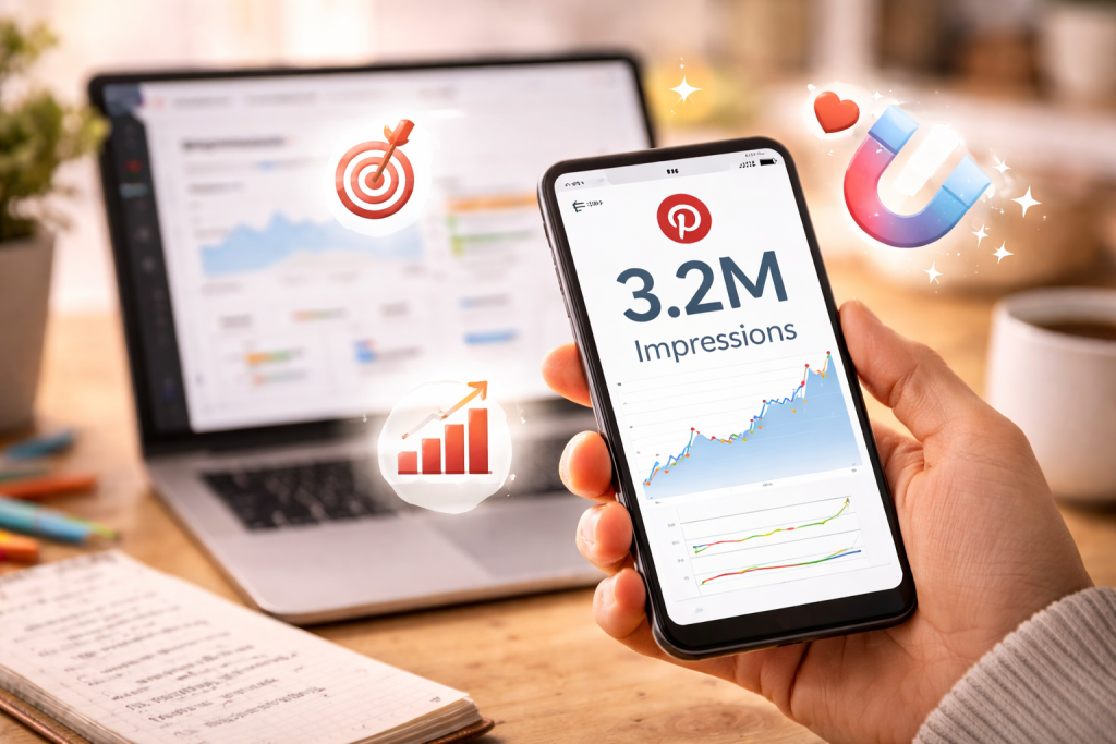 Person viewing Pinterest analytics with impression growth chart on smartphone in a modern workspace.