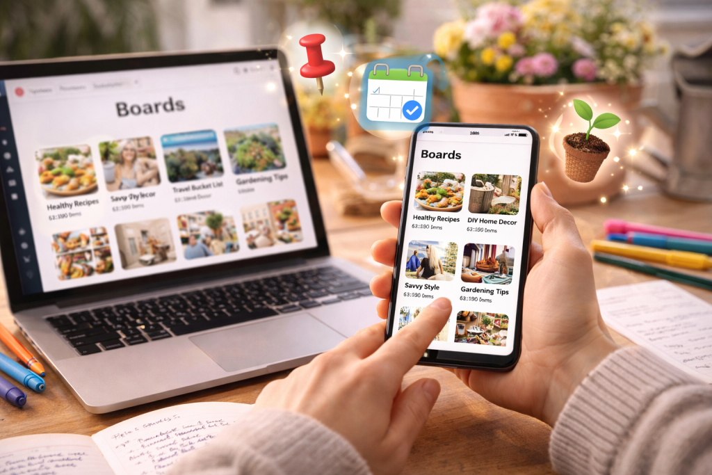 A person using a laptop to manage Pinterest boards in a clean, well-lit workspace.