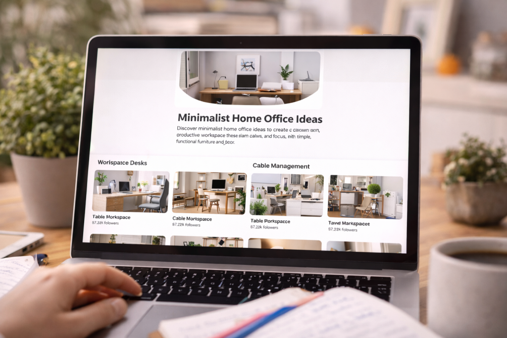 A digital photo of a laptop displaying a Pinterest board titled “Minimalist Home Office Ideas,” viewed in a cozy home workspace with notebooks, a coffee cup, and potted plants around.