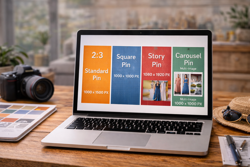 A digital photograph showcases an open laptop on a wooden desk displaying Pinterest post size guidelines.