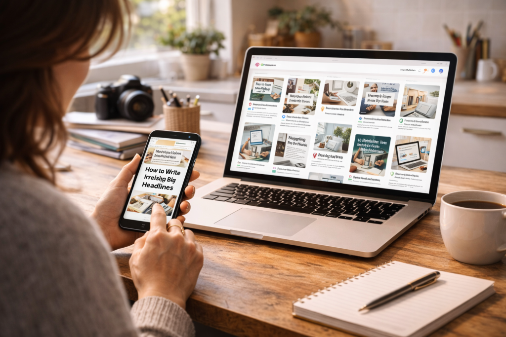 Woman browsing Pinterest blogging tips on phone and laptop in bright workspace with coffee and notebook.
