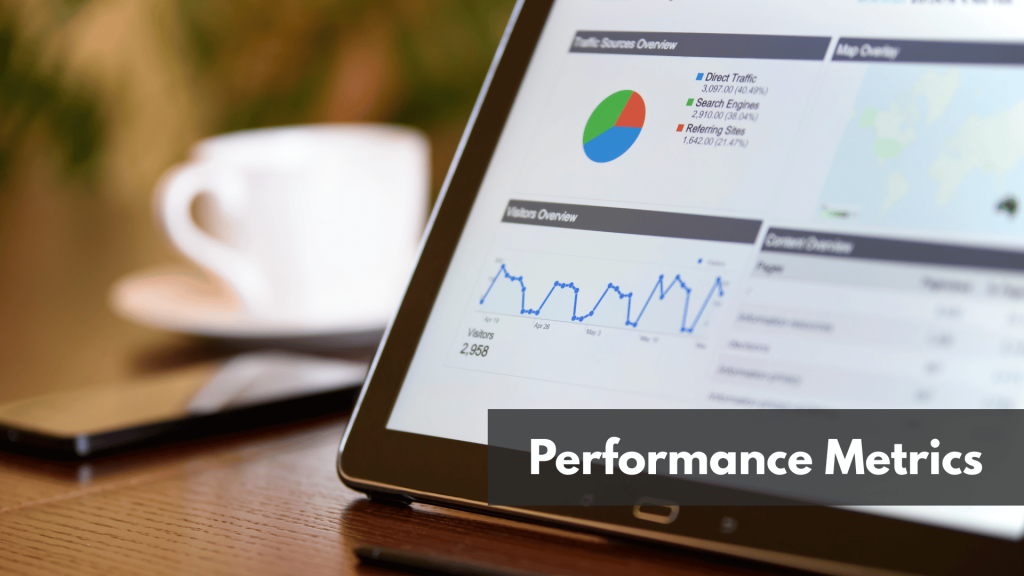 A tablet showing analytics sitting on top of a wooden table