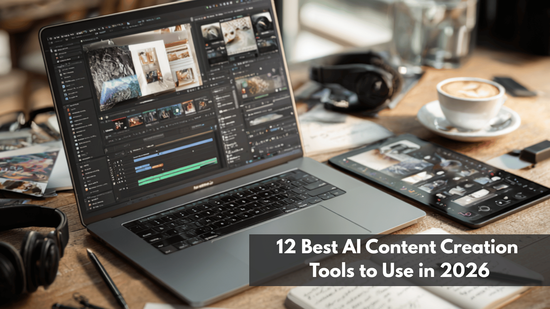 Editing software on laptop and tablet showcasing top AI content creation tools for video, design, and productivity in 2026.