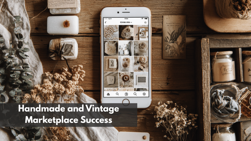 Flat lay of handmade soaps, dried flowers, and vintage decor surrounding a smartphone displaying an aesthetic Instagram grid — representing handmade and vintage marketplace success.