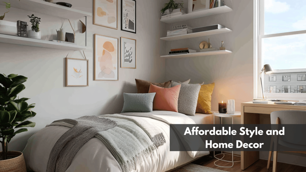 Modern cozy bedroom with stylish wall art, throw pillows, and minimalist furniture, showcasing affordable interior design and home decor inspiration.