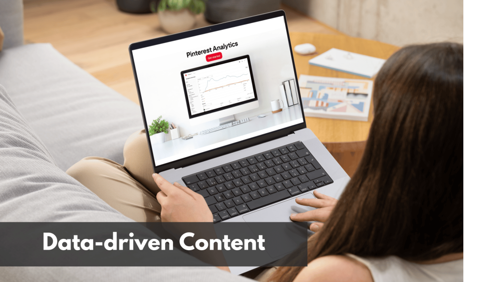 A woman sitting on a sofa while looking at Pinterest Analytics on her laptop