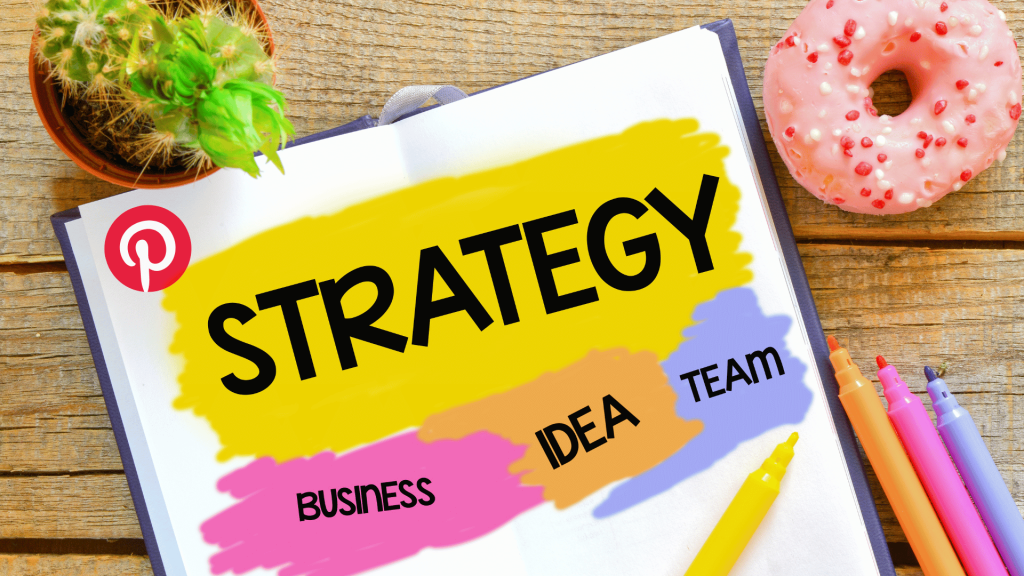 A paper with the logo of pinterest in it and words like "Strategy," "Business," etc., on top of a wooden table