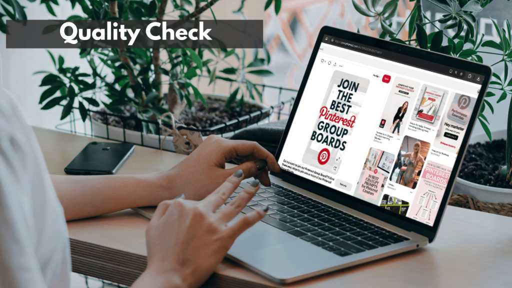 A woman browsing group boards on Pinterest with her laptop