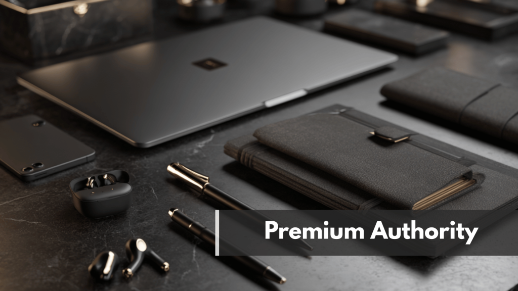 Luxury black workspace setup showcasing premium branding and authority