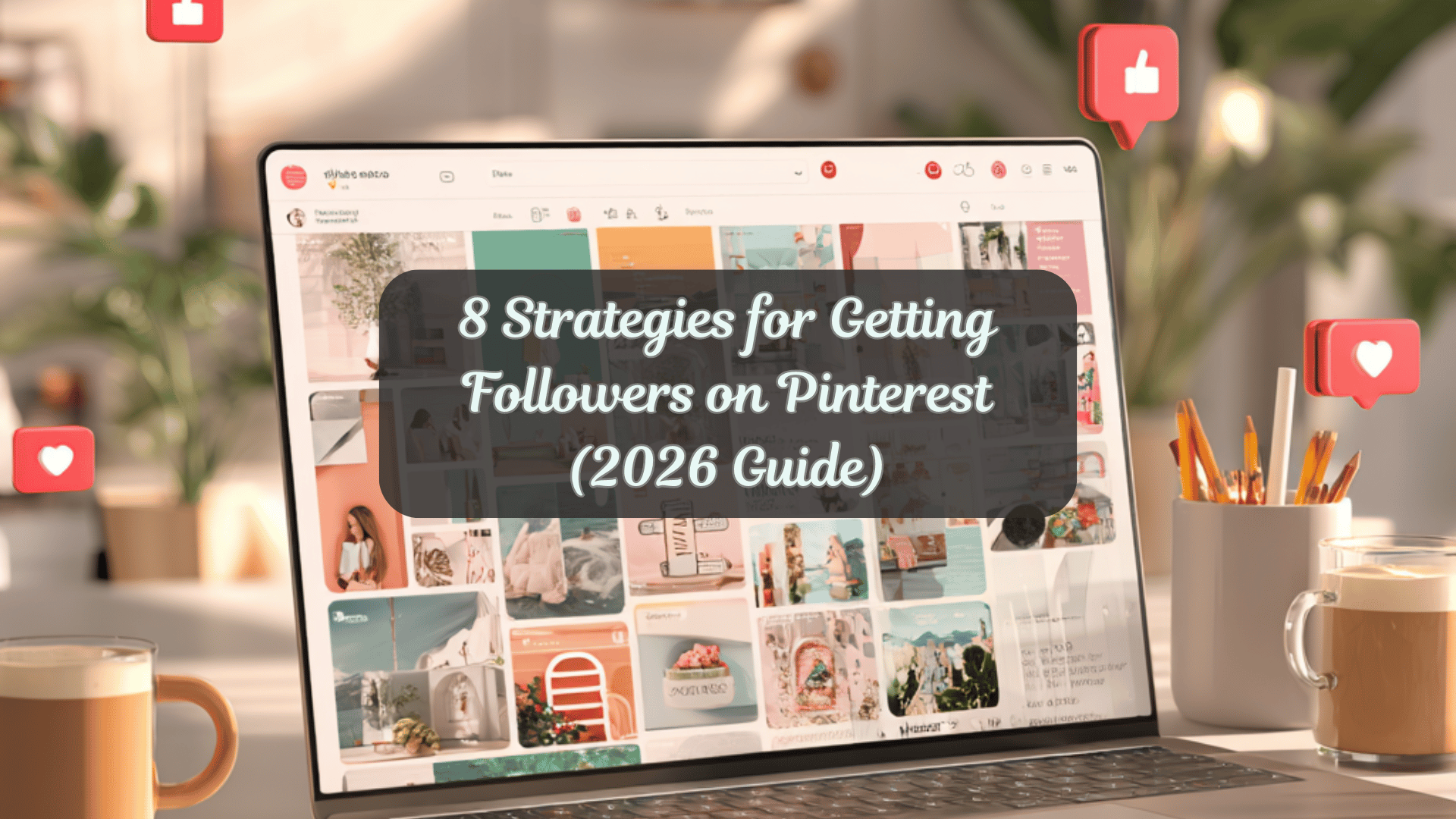 Pinterest marketing strategy tips on laptop with social media icons and cozy workspace