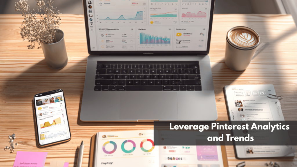 Laptop and smartphone displaying Pinterest analytics and trends on wooden desk