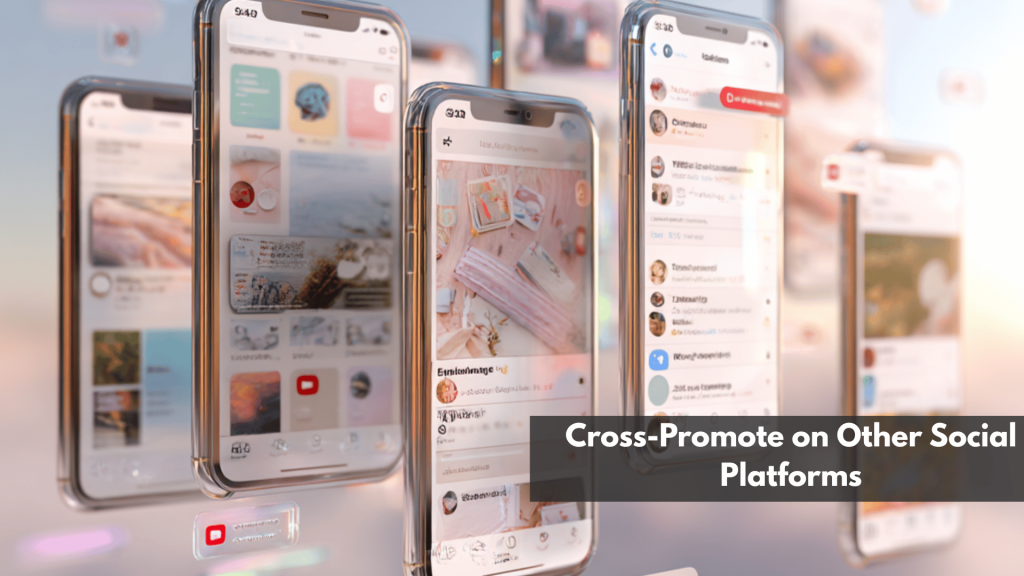 Multiple smartphones showcasing Pinterest pins and social media apps for cross-promotion strategy