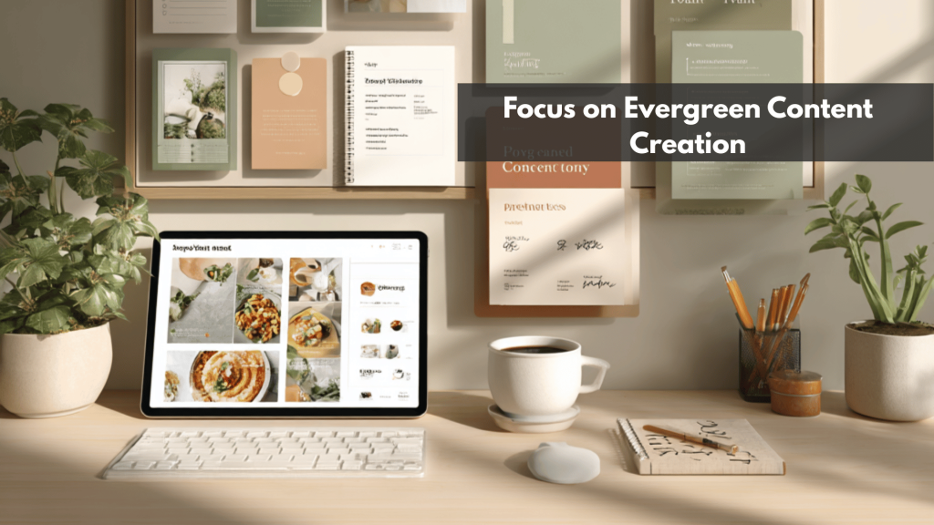 Workspace with mood board and tablet displaying Pinterest food content for evergreen content strategy