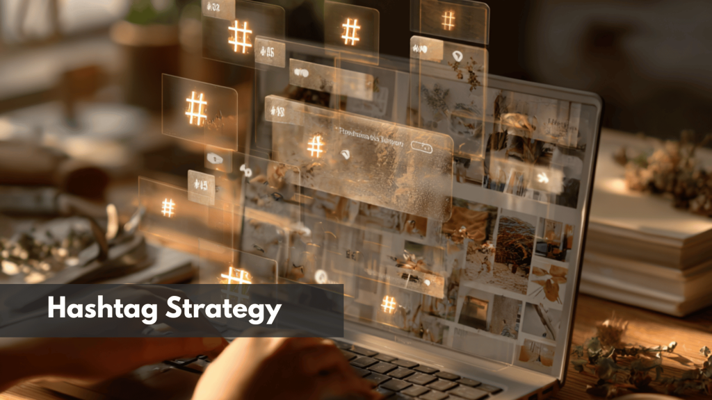 Laptop with Pinterest feed and glowing hashtag icons showcasing Pinterest hashtag strategy for board titles