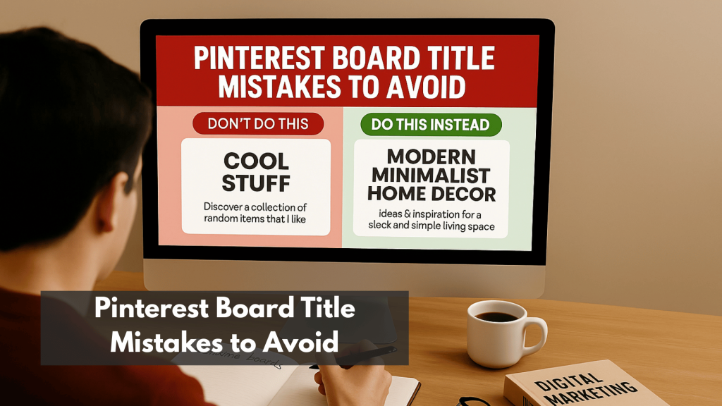 Pinterest board title mistakes to avoid with SEO-friendly naming examples on computer screen.