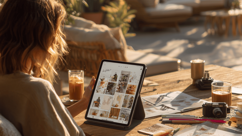 Woman using Pinterest on a tablet outdoors surrounded by sketches, camera, and iced coffee—visual storytelling workspace in natural light.