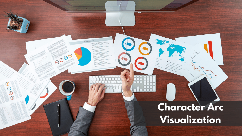 Top view of professional analyzing charts and graphs on a desk—conceptualizing character arc visualization using data-driven storytelling techniques.