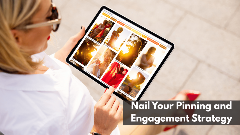 Woman holding tablet outdoors and browsing Pinterest board featuring summer lifestyle photos, showcasing visual content strategy and user engagement planning.