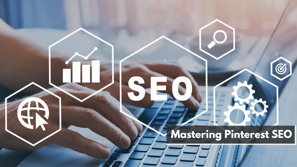 Hands typing on laptop with SEO and analytics icons, symbolizing Pinterest SEO strategy for boosting visibility.
