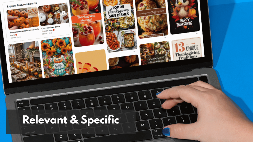 A woman searching in Pinterest with his laptop on a blue surface