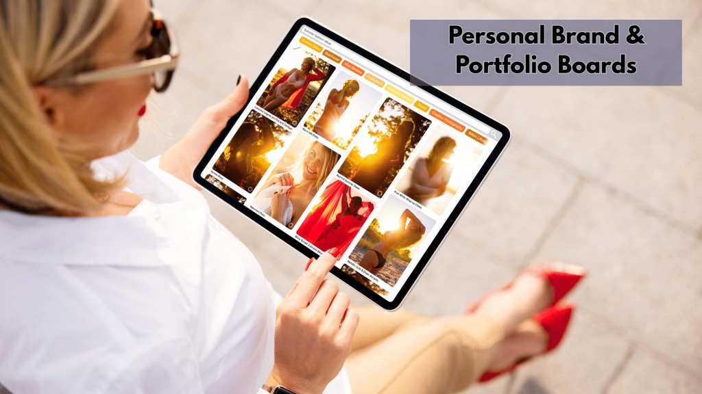 Woman browsing Pinterest portfolio boards on tablet with overlay text ‘Personal Brand & Portfolio Boards’.