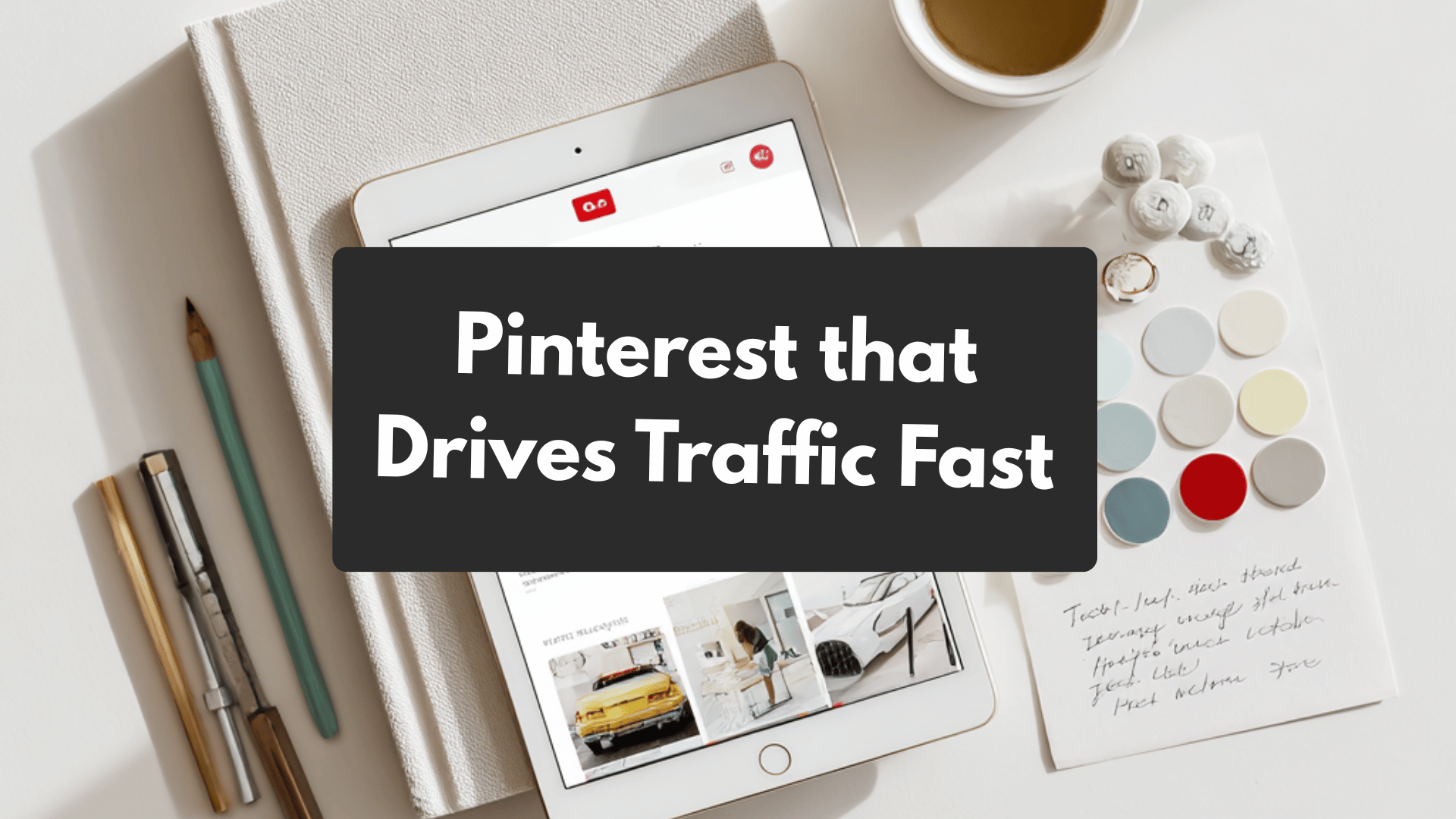 Tablet on creative desk setup displaying Pinterest, surrounded by notebooks, pens, and color swatches.