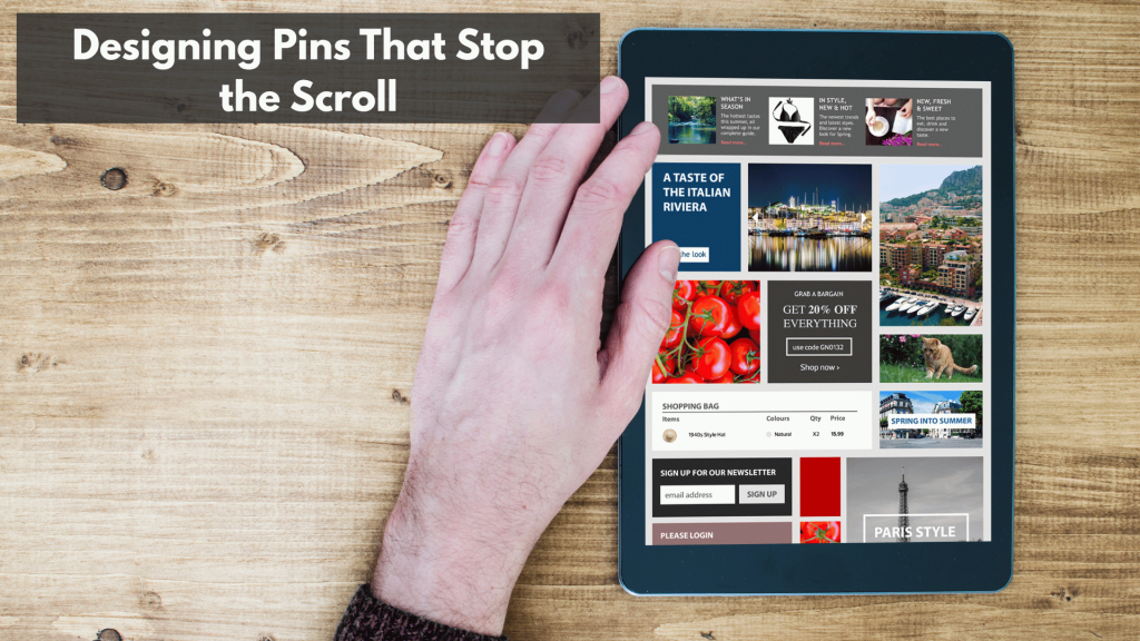 Tablet screen showing eye-catching Pinterest pins with user hand, emphasizing scroll-stopping design.