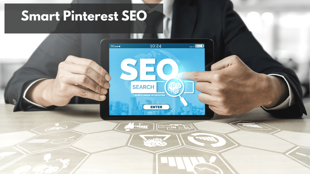 Business professional using tablet with SEO interface for smart Pinterest search optimization.