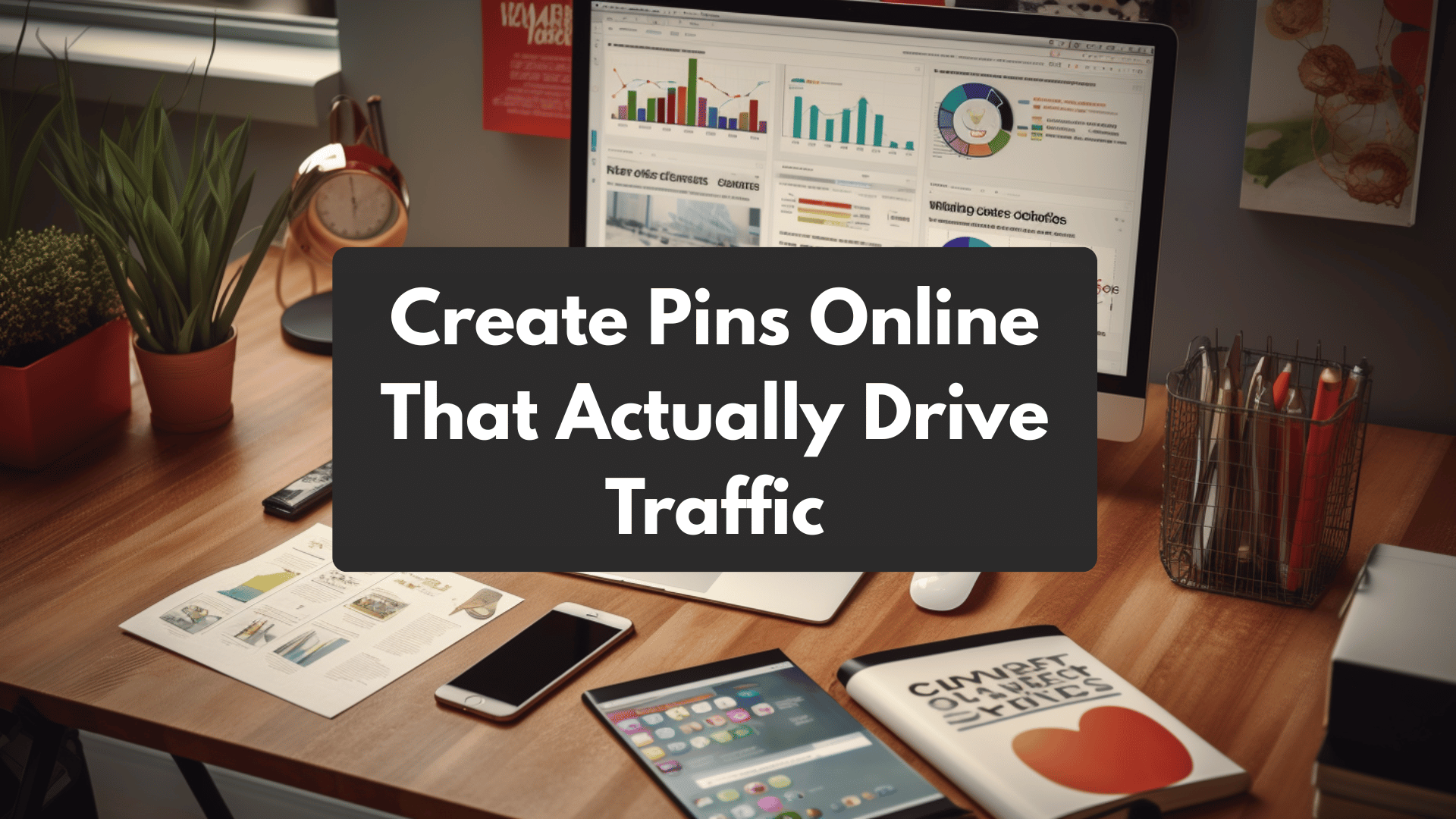 Modern office desk with a desktop monitor displaying the text 'Create Pins Online That Actually Drive Traffic' surrounded by office supplies and plants.