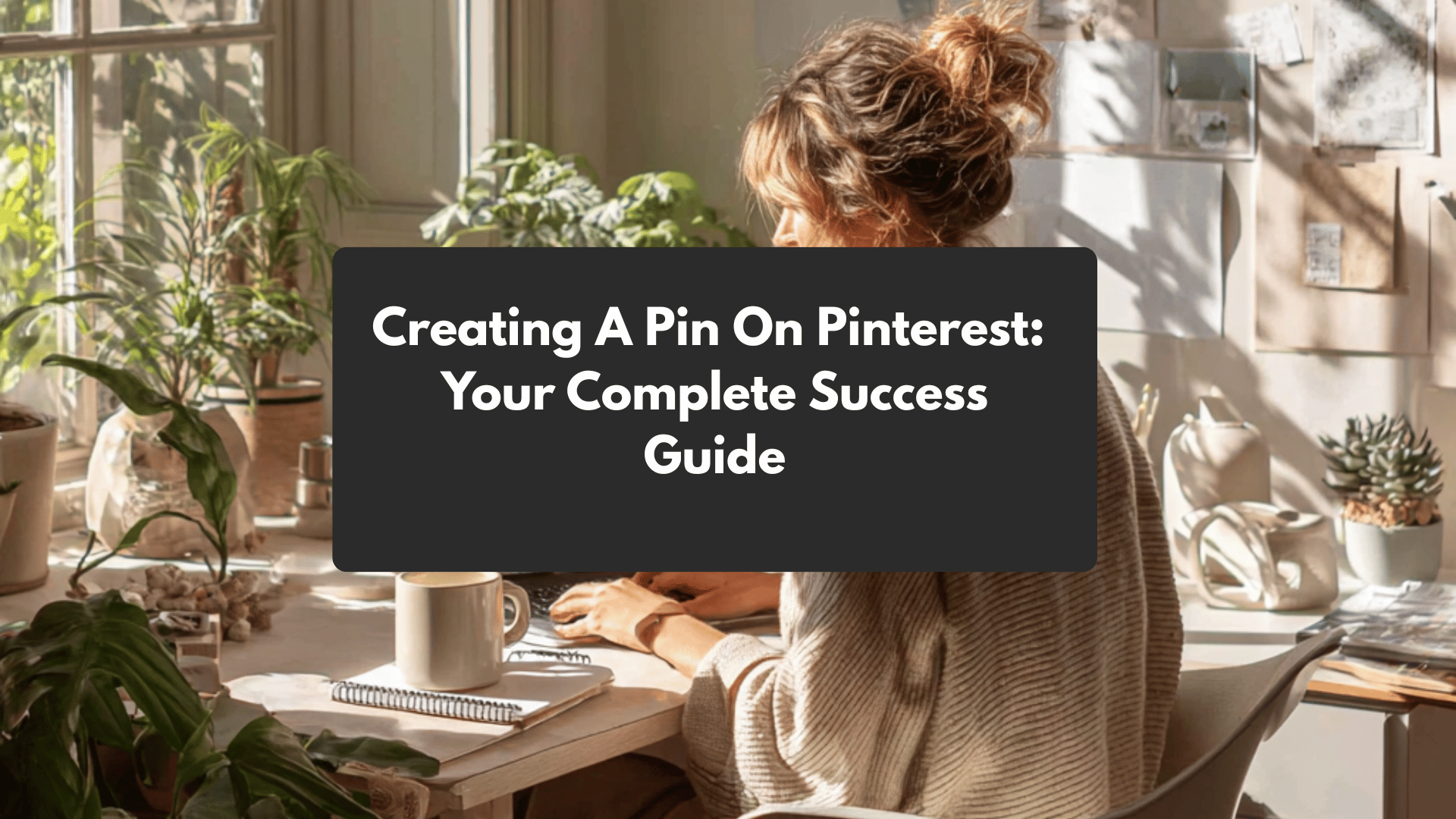Creating a Pinterest pin success guide with woman working in sunlit creative workspace surrounded by plants.