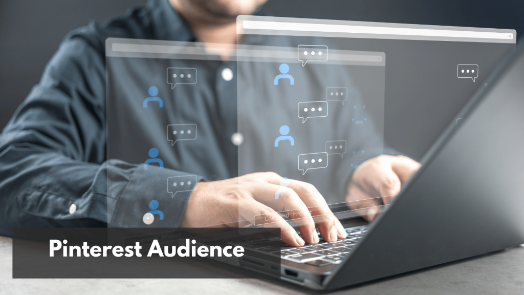 Man analyzing Pinterest audience engagement using futuristic digital interface on laptop.