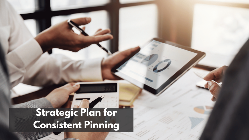 Team analyzing Pinterest performance data on tablet and documents, developing a strategic plan for consistent pinning and content scheduling.