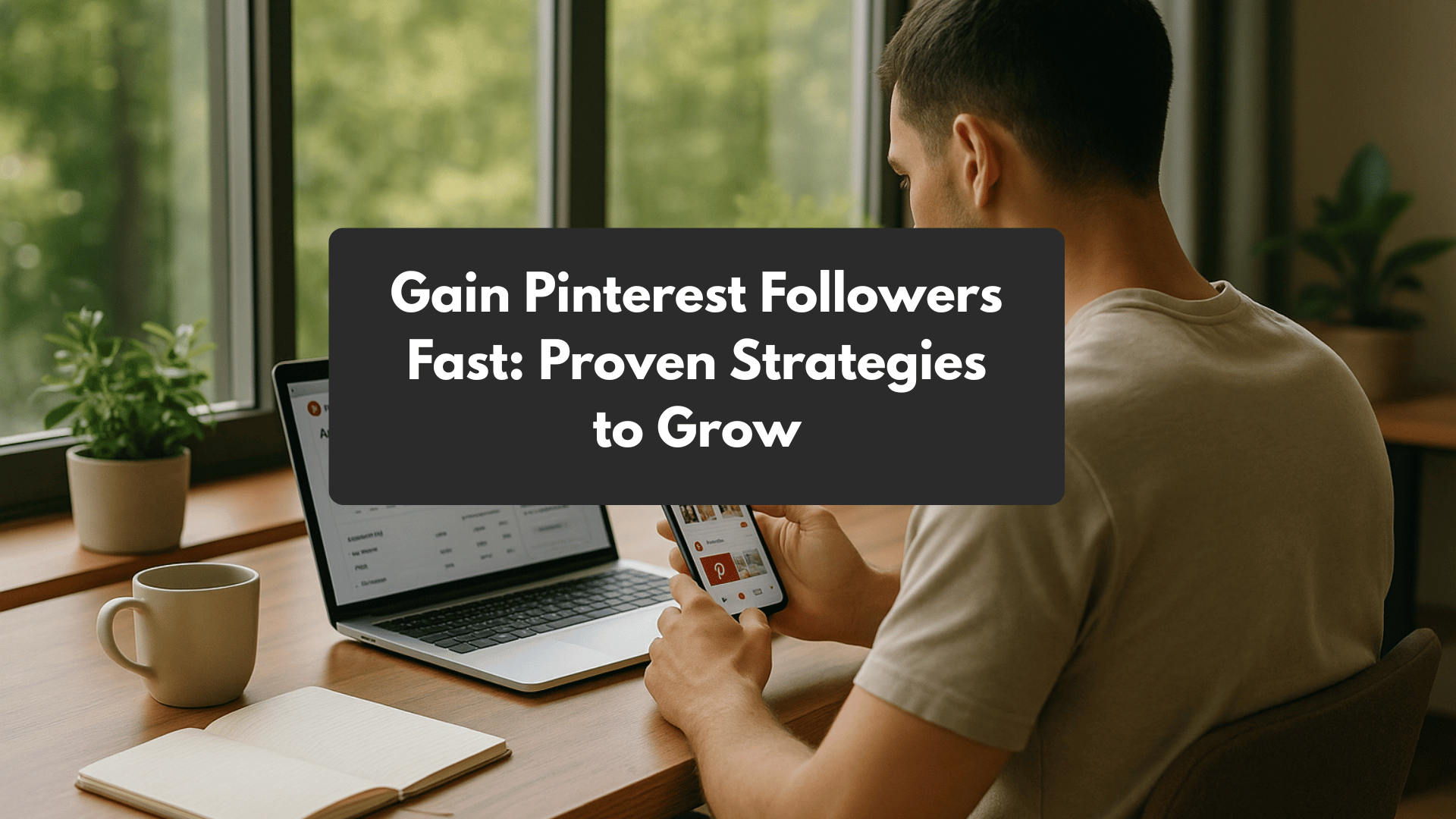 Man using smartphone and laptop to manage Pinterest analytics and follower growth strategy with a headline on proven methods to gain followers fast.