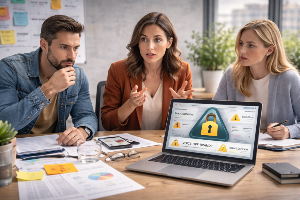 A group of professionals discussing social media strategy and risk management in a bright, modern workspace.