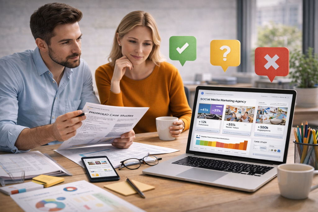 Two professionals reviewing case studies and analytics data on a laptop while choosing a social media marketing agency