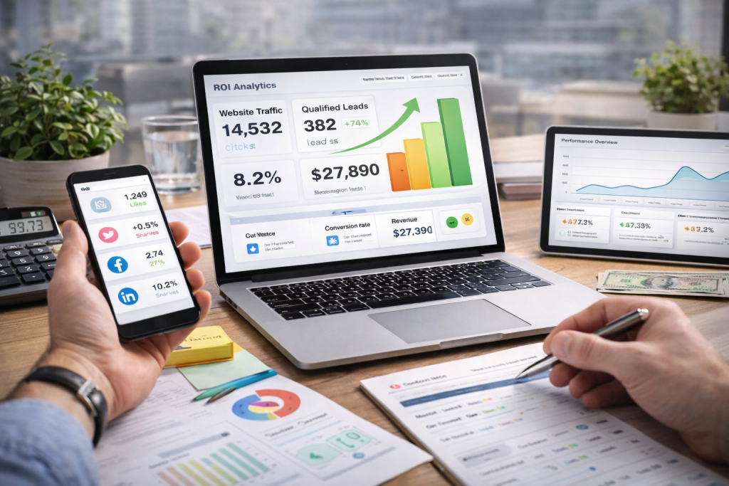 A photograph captures data analysis tools and devices comparing social media metrics and business ROI on a desk.