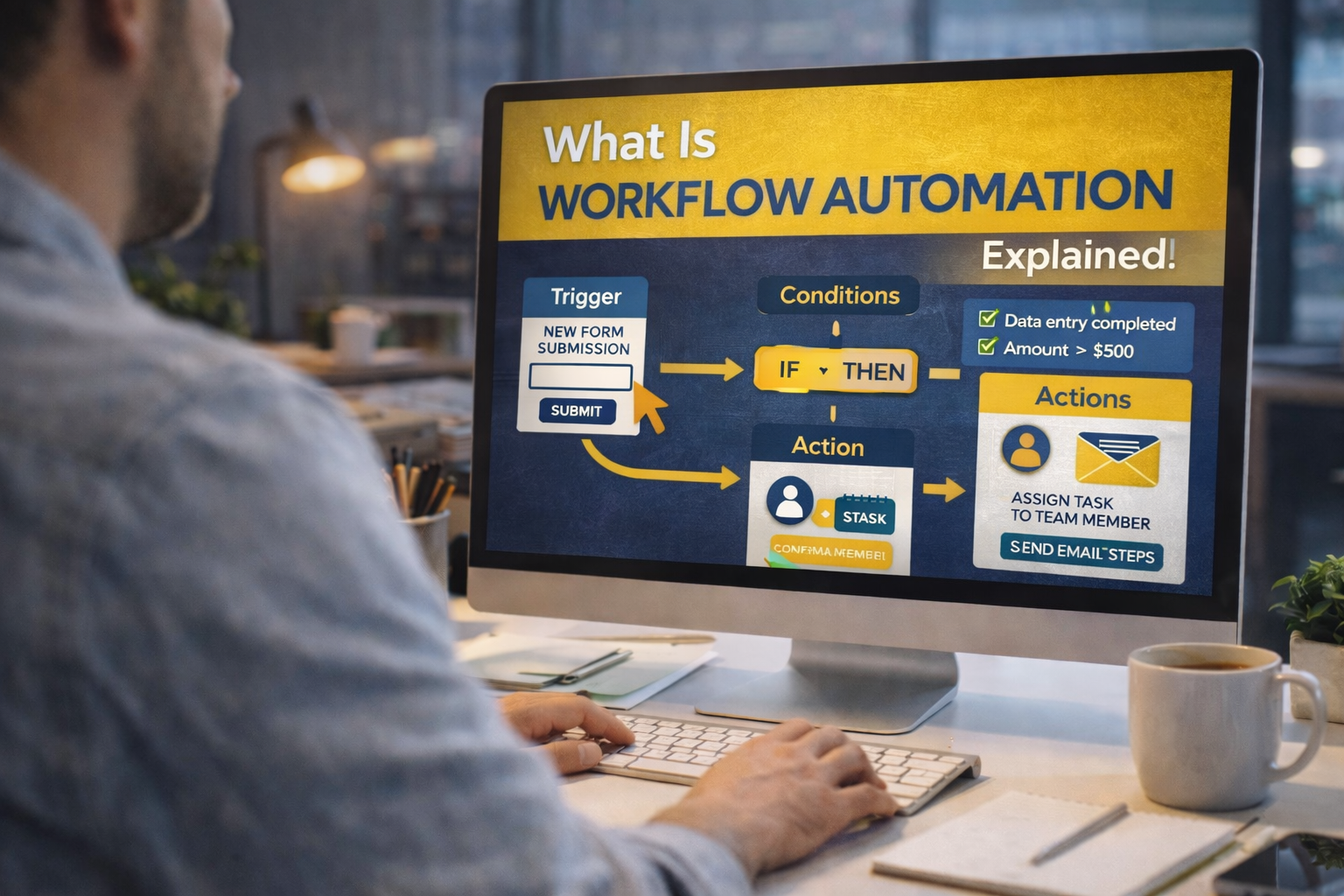 Person using a computer showing a workflow automation diagram on screen.