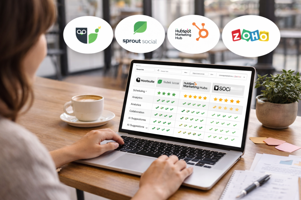 Woman comparing social media platforms on laptop in a café.