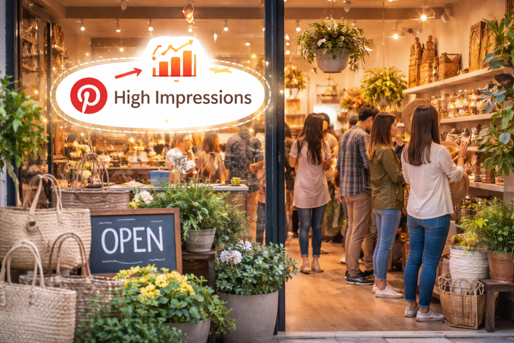 A cozy boutique storefront with people browsing inside, symbolizing high Pinterest impressions and digital foot traffic.