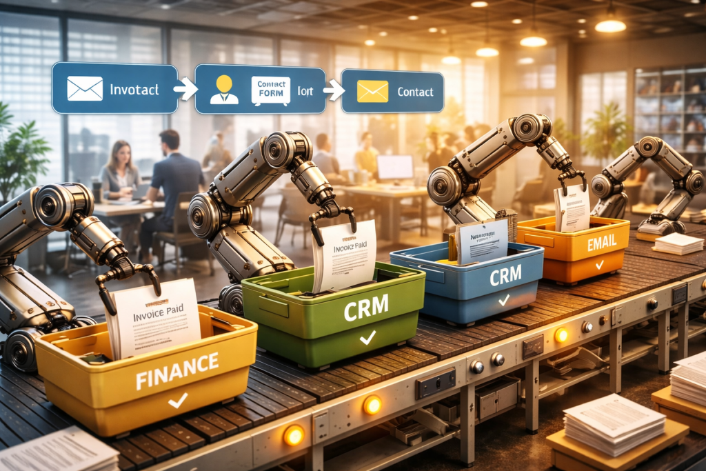 robotic arms sort documents labeled Finance, CRM, and Email along a glowing conveyor in a modern office setting, representing workflow automation.
