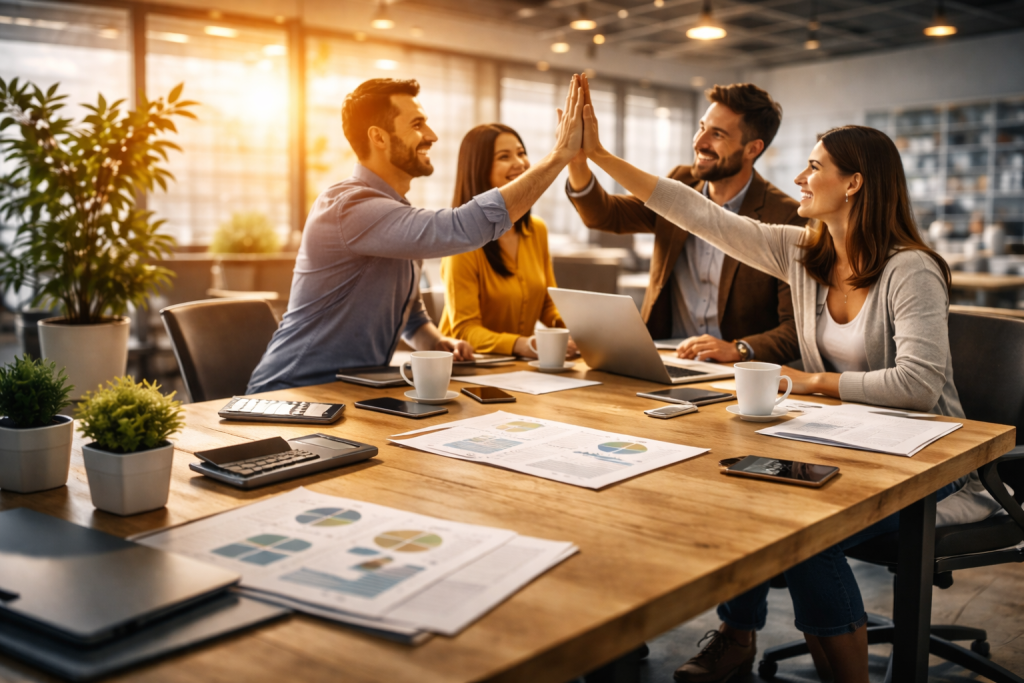 Four diverse coworkers in a bright, modern office high-five around a wooden table, surrounded by laptops, reports, and coffee mugs, symbolizing teamwork and business success.