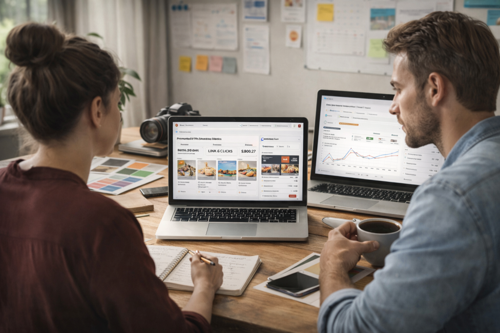 Two marketers reviewing Pinterest analytics on laptops in a modern office with coffee, color swatches, and creative tools.