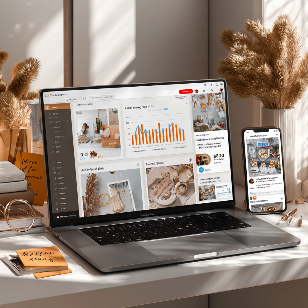 Pinterest Trends analytics dashboard open on laptop and phone – creator using seasonal data insights to guide pin strategy.