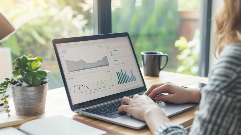 Person analyzing Pinterest profile viewer analytics on laptop with data charts.