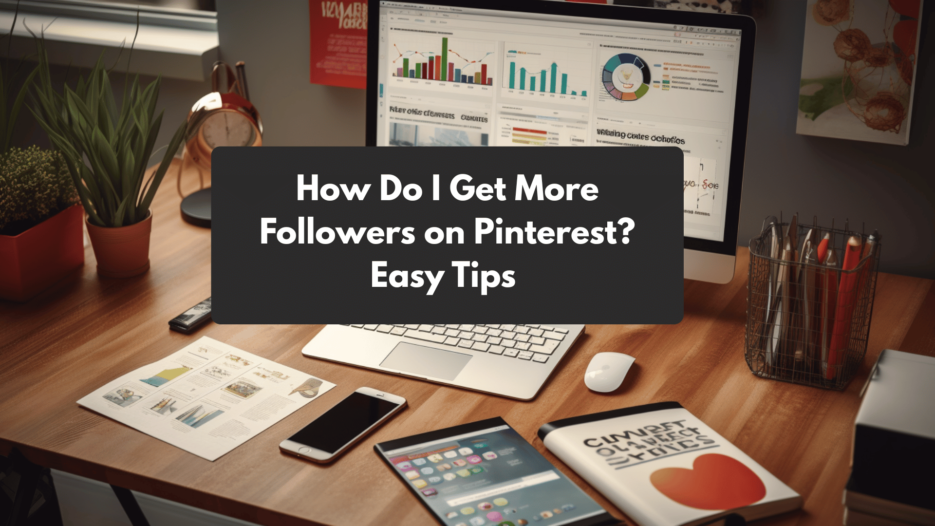 Modern workspace with analytics on screen and overlay text 'How Do I Get More Followers on Pinterest? Easy Tips', illustrating Pinterest growth strategies.