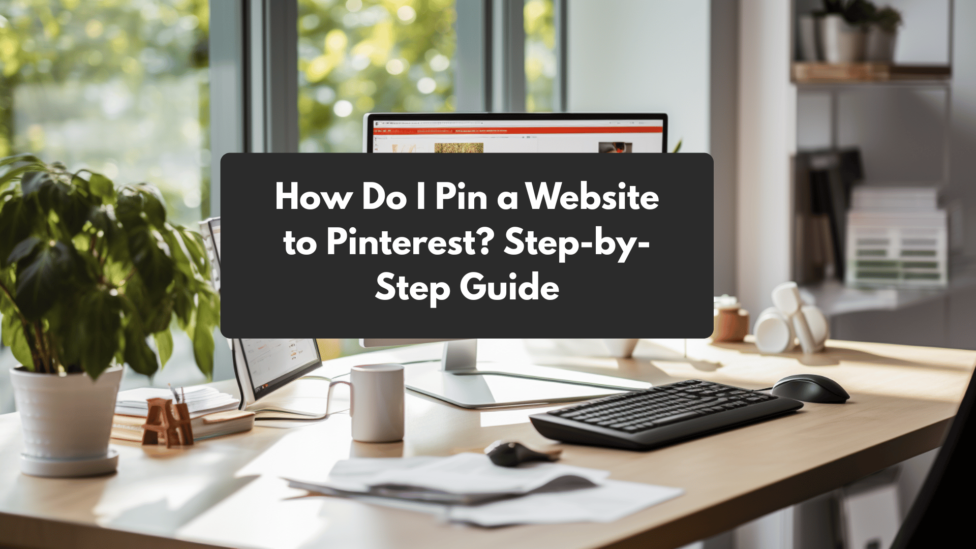 Modern workspace with desktop computer and overlay text 'How Do I Pin a Website to Pinterest? Step-by-Step Guide', representing a tutorial on saving web content to Pinterest."