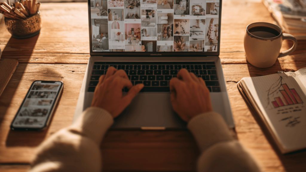 Person browsing Pinterest on a laptop with a smartphone beside them, displaying a home decor board; surrounded by coffee, graphs, and stationery on a wooden desk.
