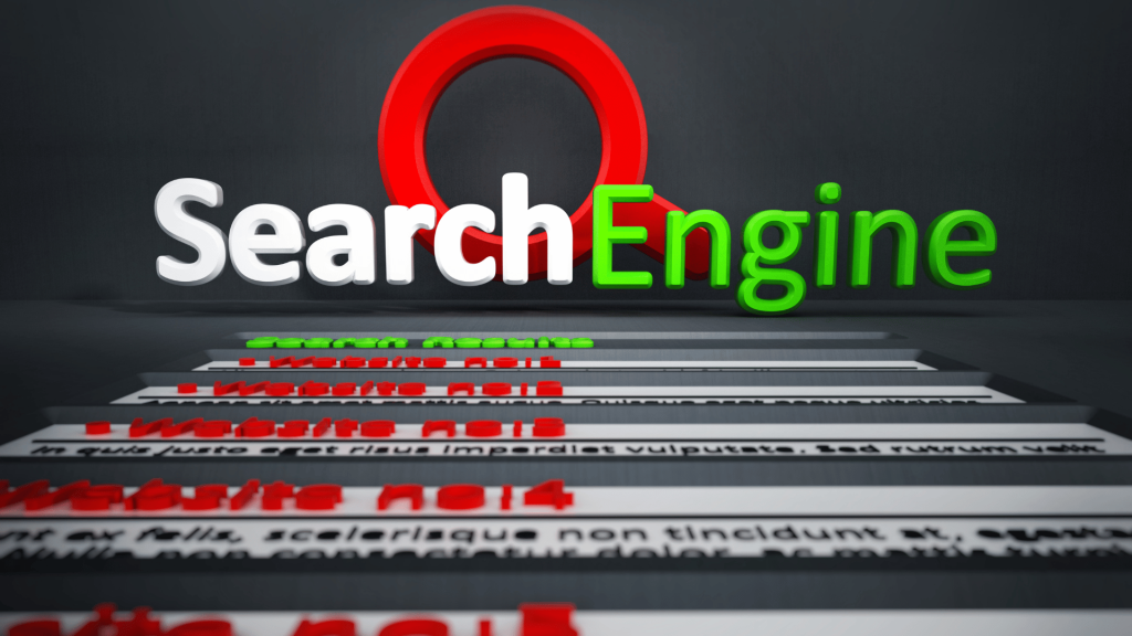3D graphic of the words ‘Search Engine’ with a magnifying glass symbol, highlighting website ranking results in red and green.