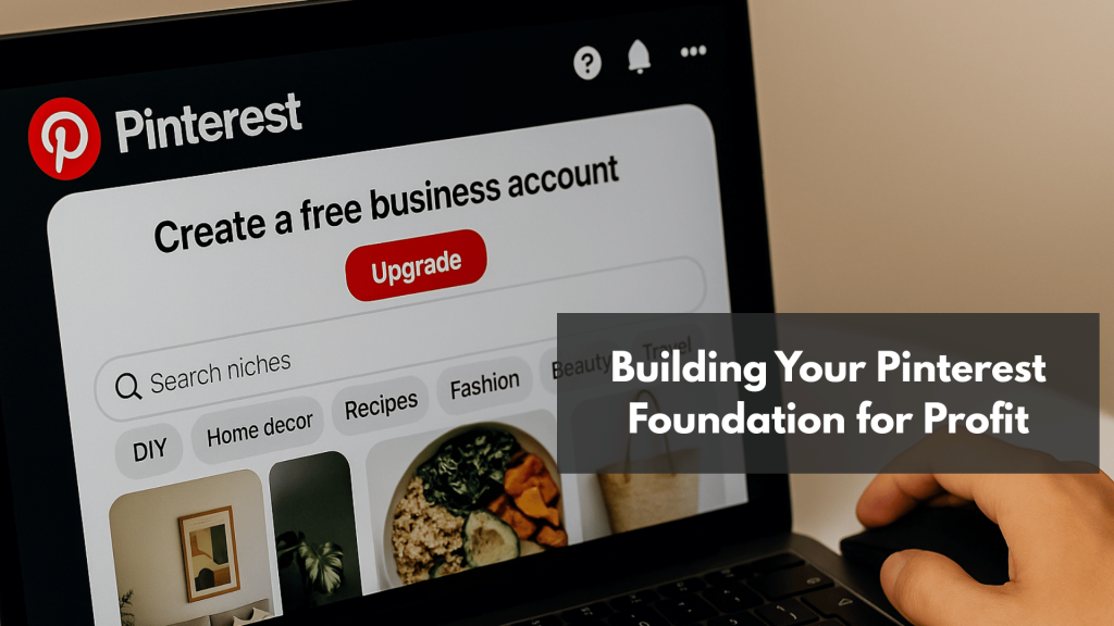 User setting up a Pinterest business account to build a monetizable foundation, highlighting niche categories like DIY, fashion, and home decor.